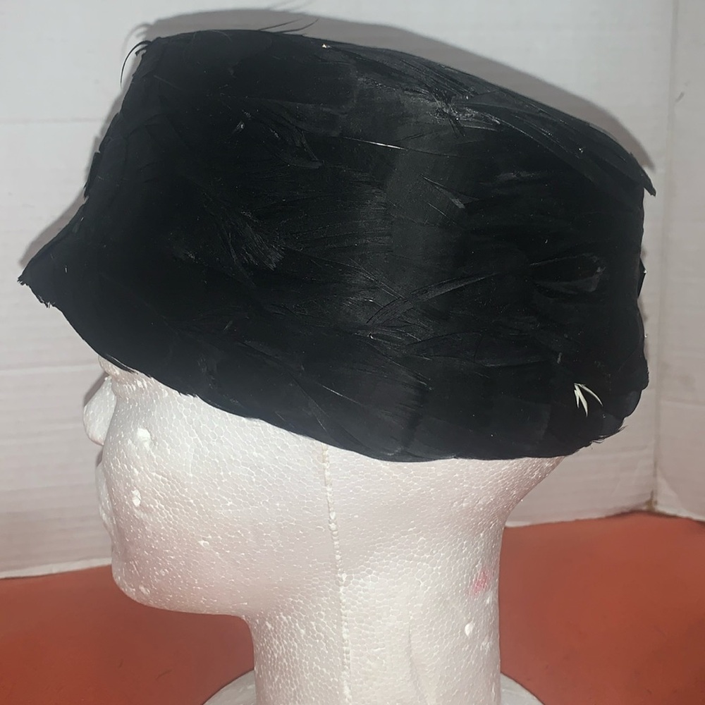 Vintage All Feathered Black Pillbox hat w/ pick a boo white feathers